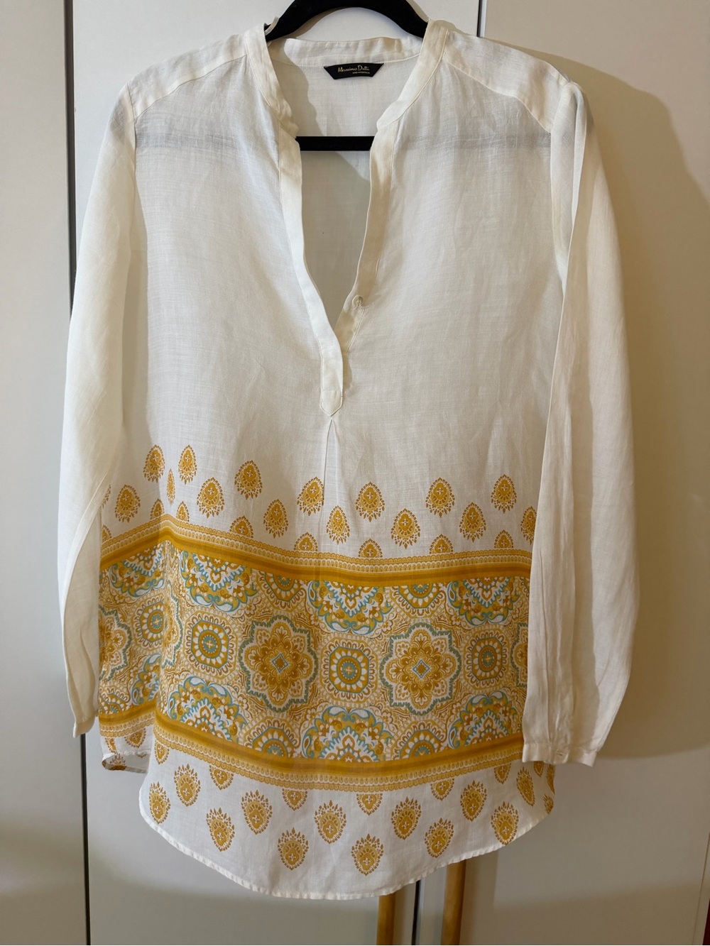 Massimo Dutti White 100% Ramie Printed Tunic Blouse Size 8